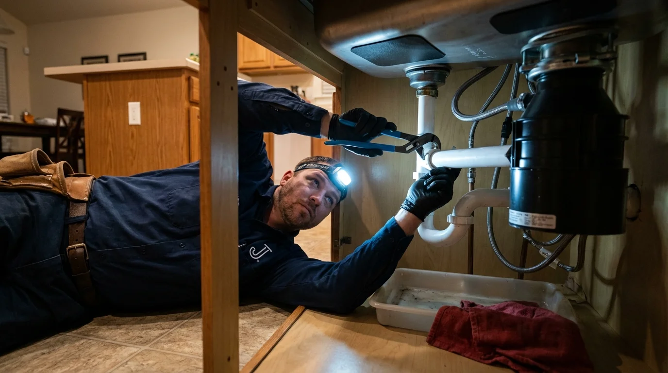 P-trap and supply line connections under a kitchen sink showing a common leak point in Fresno, CA